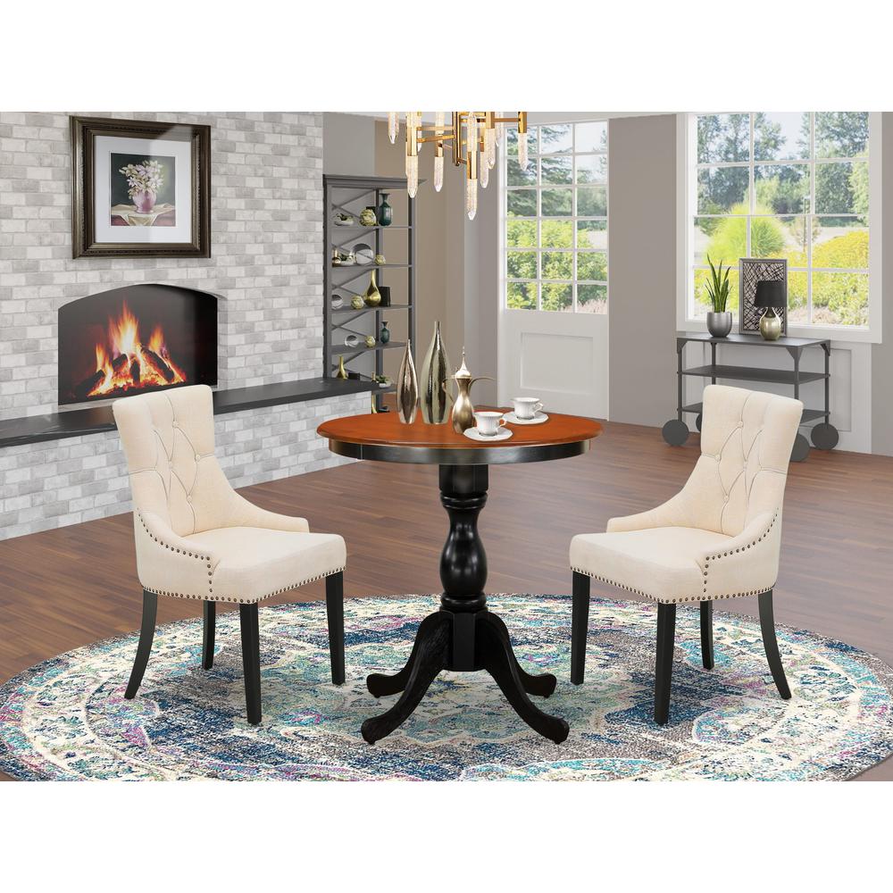 East West Furniture 3-Piece Kitchen Dining Table Set Include a Mid Century Dining Table and 2 Light Beige Linen Fabric Dining Chairs with Button Tufted Back - Black Finish. Picture 2