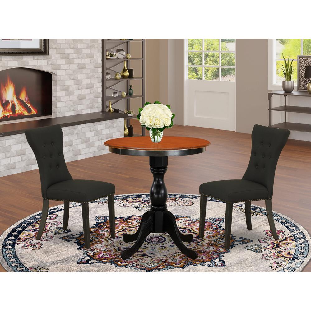 East West Furniture 3-Piece Modern Dining Set Contains a Dinner Table and 2 Black Linen Fabric Parson Chairs with Button Tufted Back - Black Finish. Picture 2