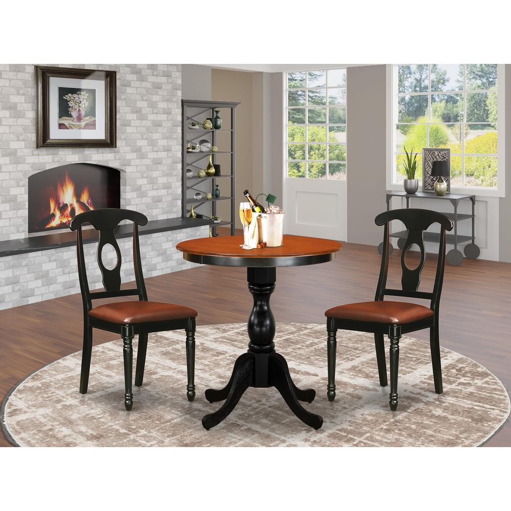 East West Furniture 3-Piece Table Set Contains a Dinner Table and 2 Faux Leather Kitchen Chairs with Napoleon Back - Black Finish. Picture 2