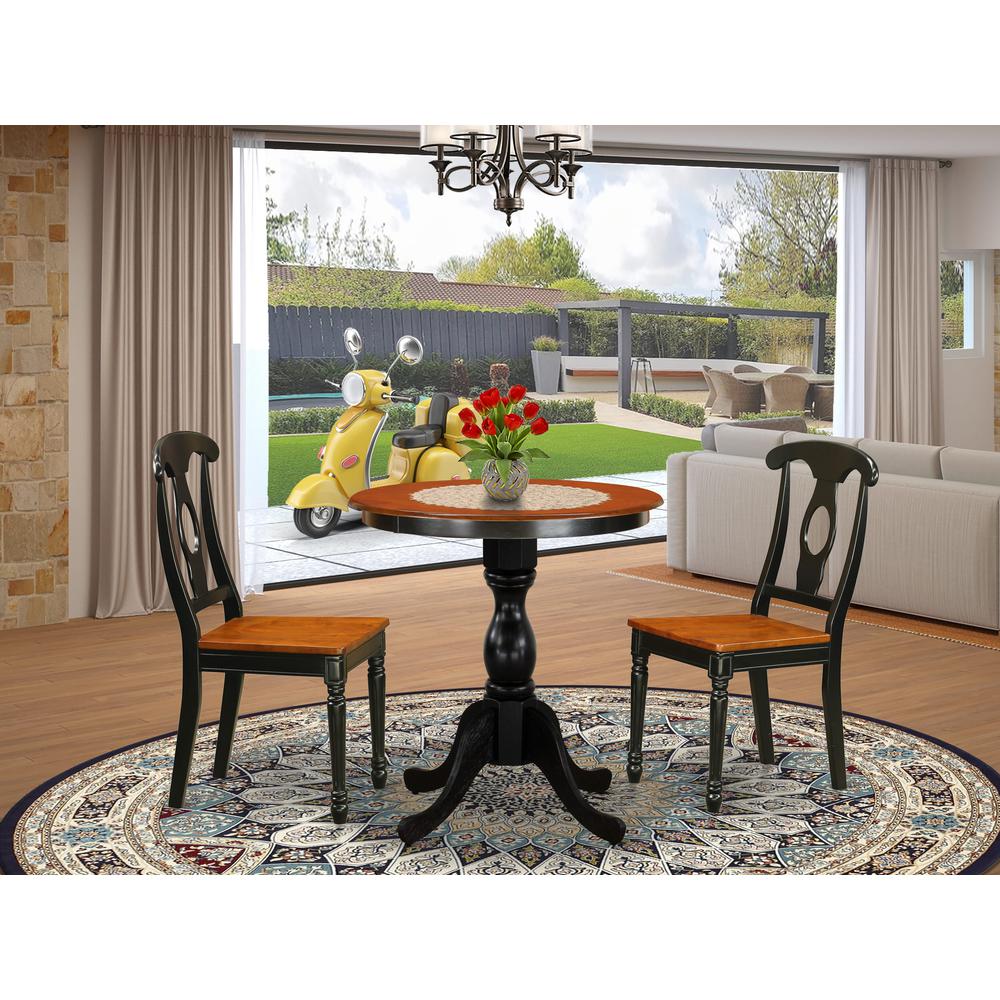 East West Furniture 3-Piece Dining Table Set Contains a Wood Table and 2 Mid Century Dining Chairs with Napoleon Back - Black Finish. Picture 2