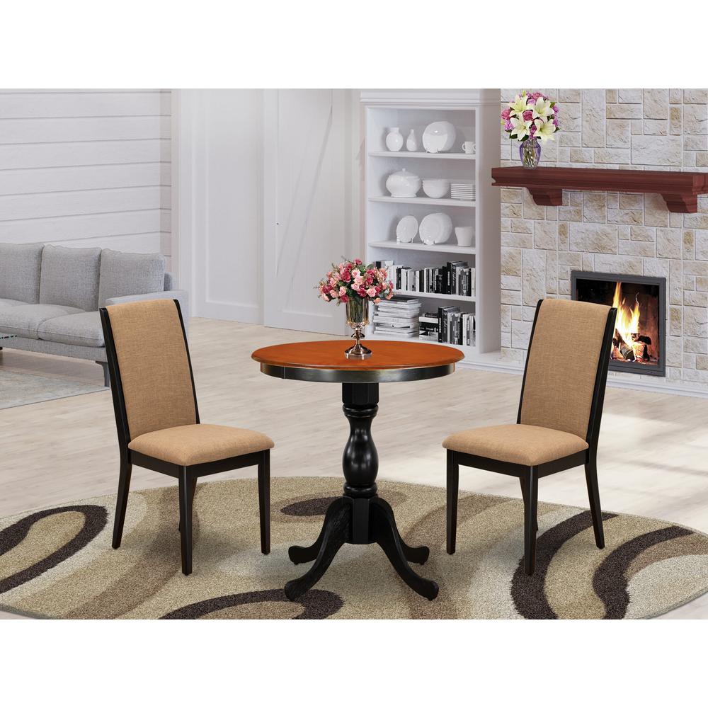 East West Furniture 3-Piece Dinner Table Set Include a Wood Table and 2 Light Sable Linen Fabric Padded Chairs with Stylish High Back - Black Finish. Picture 10