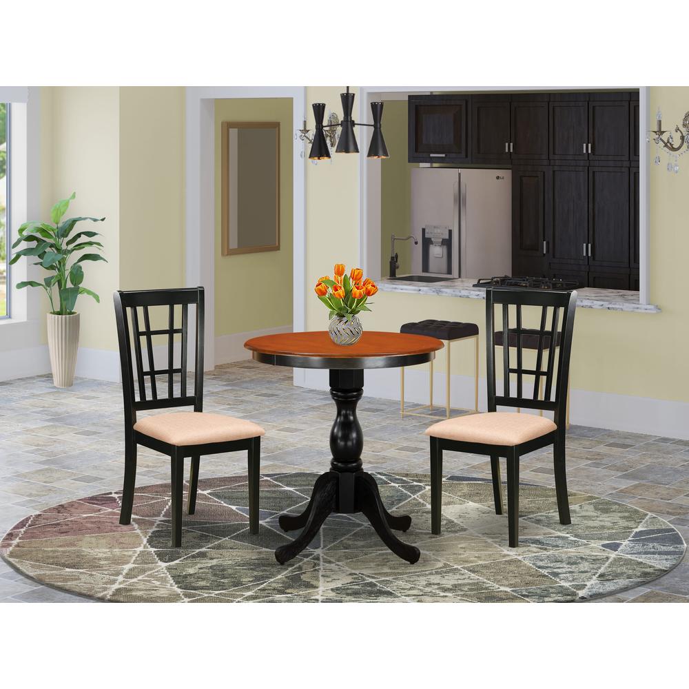 3 Pc Dining Room Table Set, Round Dining Table with Pedestal, 2 Linen Fabric Upholstered Chairs, Black & Cherry. Picture 6