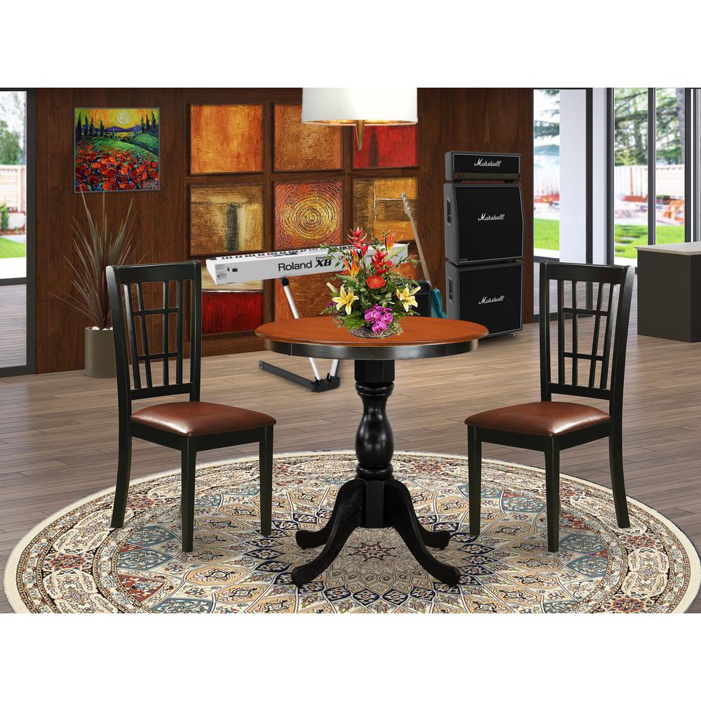 East West Furniture 3-Piece Mid Century Dining Set Include a Dining Table and 2 Faux Leather Dining Chairs with Slatted Back - Black Finish. Picture 2