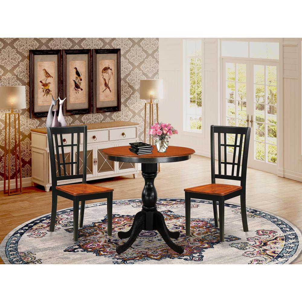 East West Furniture 3-Piece Dining Table Set Include a Round Dining Table and 2 Wooden Chairs with Slatted Back - Black Finish. Picture 2