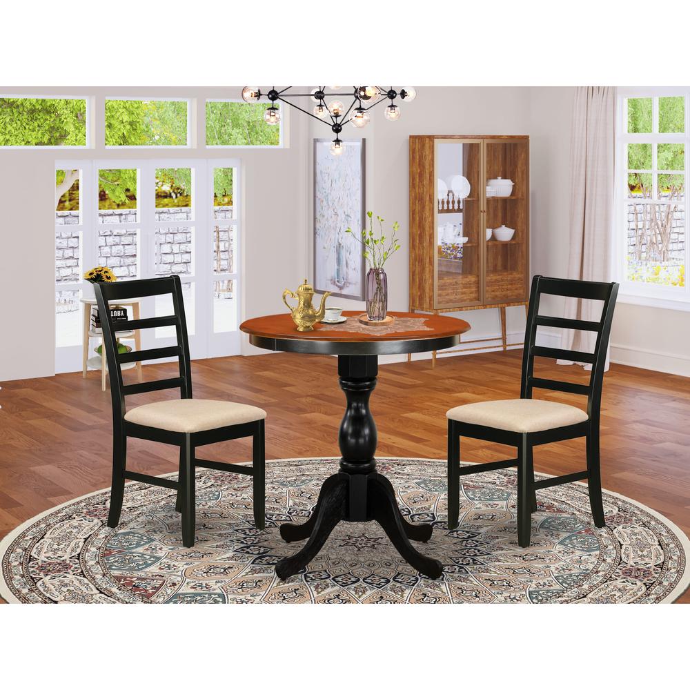 East West Furniture 3-Piece Dining Room Set Include a Wood Table and 2 Linen Fabric Kitchen Chairs with Ladder Back - Black Finish. Picture 2