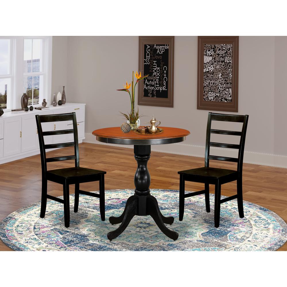 East West Furniture 3-Piece Mid Century Dining Set Contains a Dinner Table and 2 Mid Century Chairs with Ladder Back - Black Finish. Picture 2
