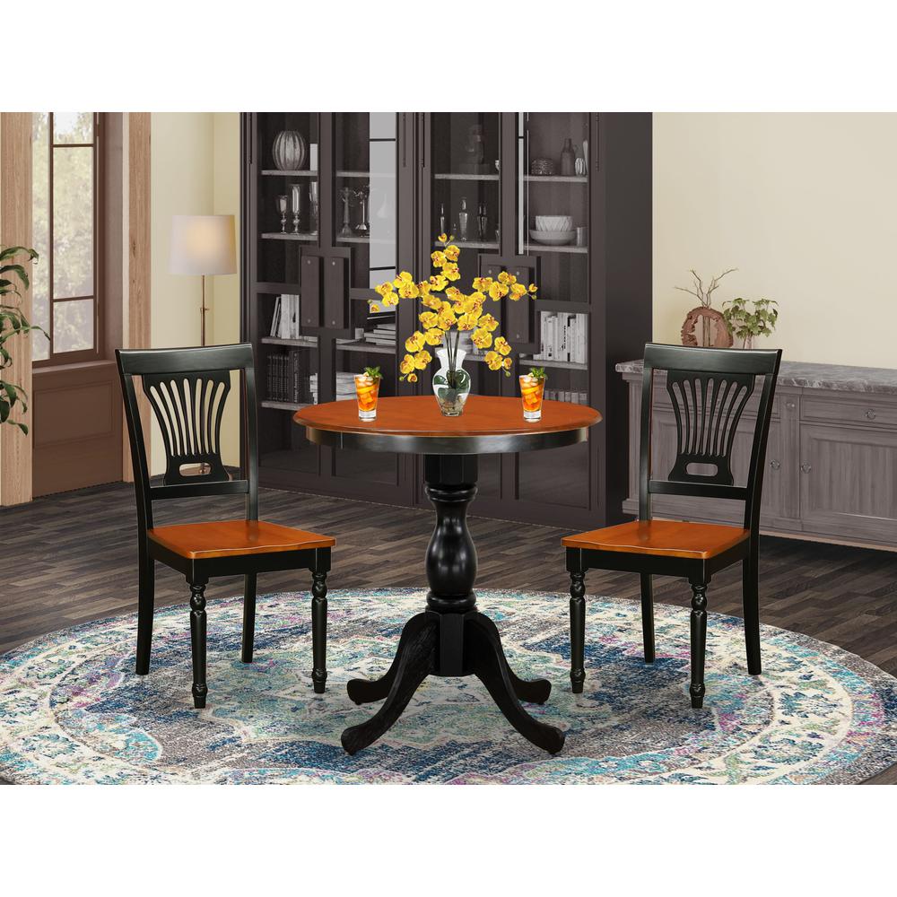 East West Furniture 3-Piece Kitchen Table Set Include a Wood Dining Table and 2 Modern Dining Chairs with Slatted Back - Black Finish. Picture 2