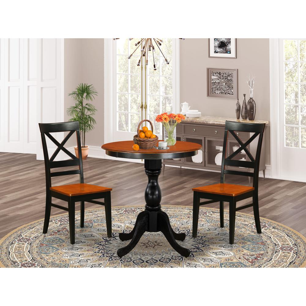 East West Furniture 3-Piece Dining Table Set Consist of Dining Table and 2 Wooden Chairs with X Back - Black Finish. Picture 2