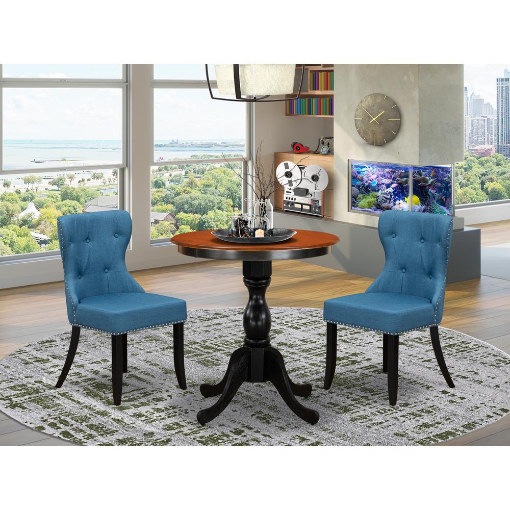 East West Furniture 3-Piece Modern Dining Set Include a Wooden Table and 2 Blue Linen Fabric Dining Room Chairs with Button Tufted Back - Black Finish. Picture 2