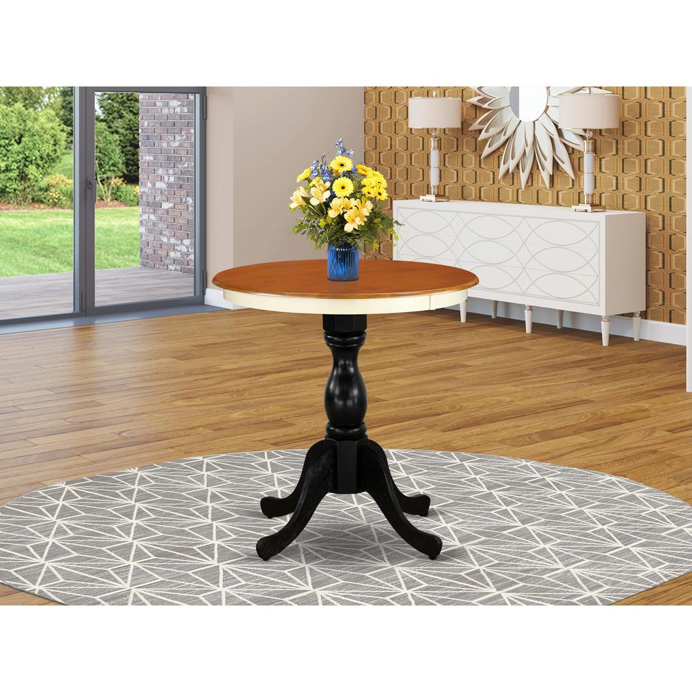 East West Furniture Eden 30" Round Kitchen Table for Small Space - Buttermilk Top & Black Pedestal. Picture 2