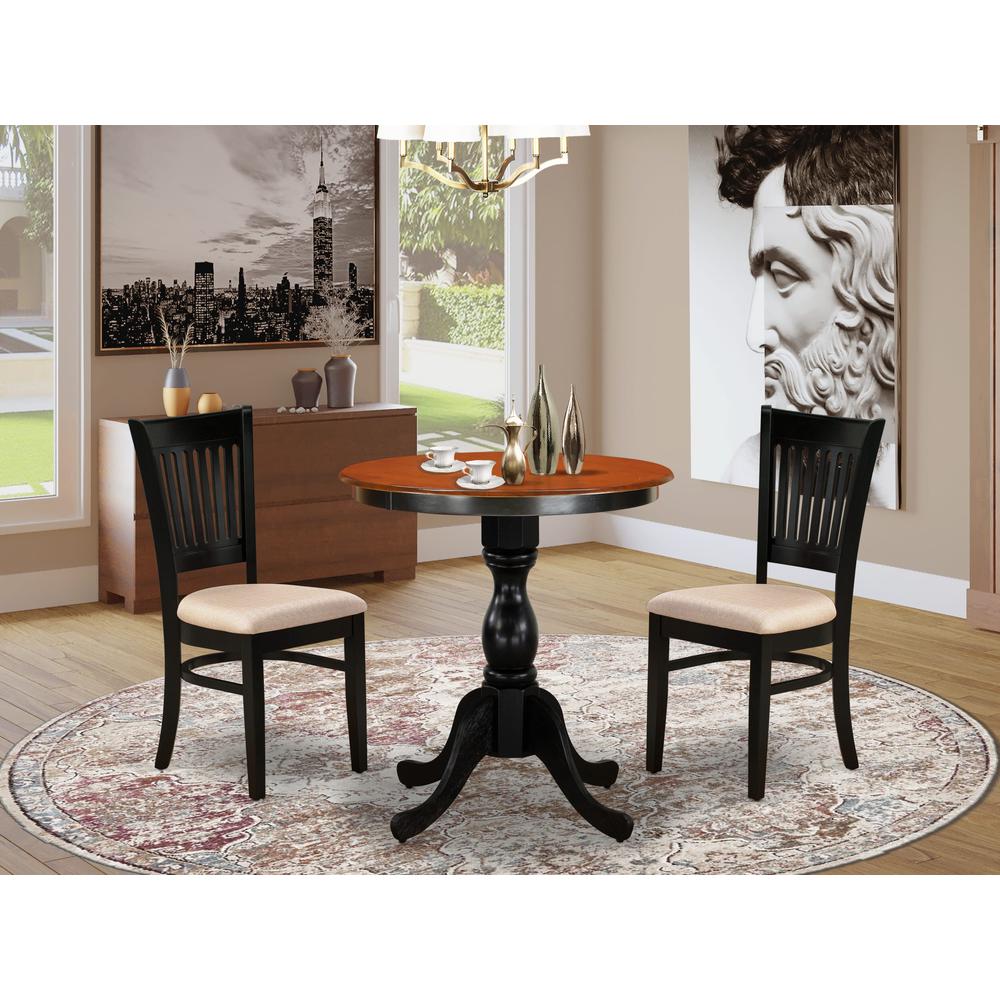 East West Furniture 3-Piece Dining Table Set Include a Wood Table and 2 Linen Fabric Kitchen Chairs with Slatted Back - Black Finish. Picture 1