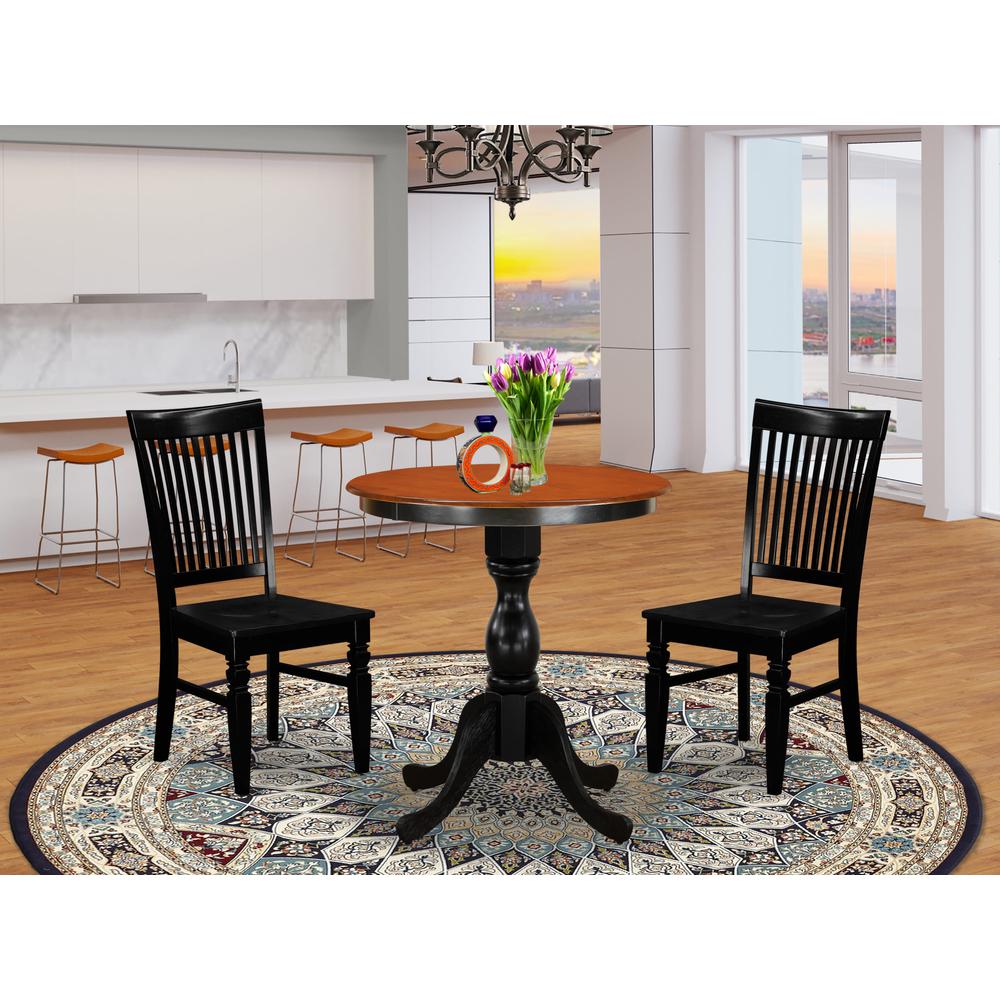 East West Furniture 3-Piece Dining Set Include a Wooden Dining Table and 2 Dining Chairs with Slatted Back - Black Finish. Picture 2