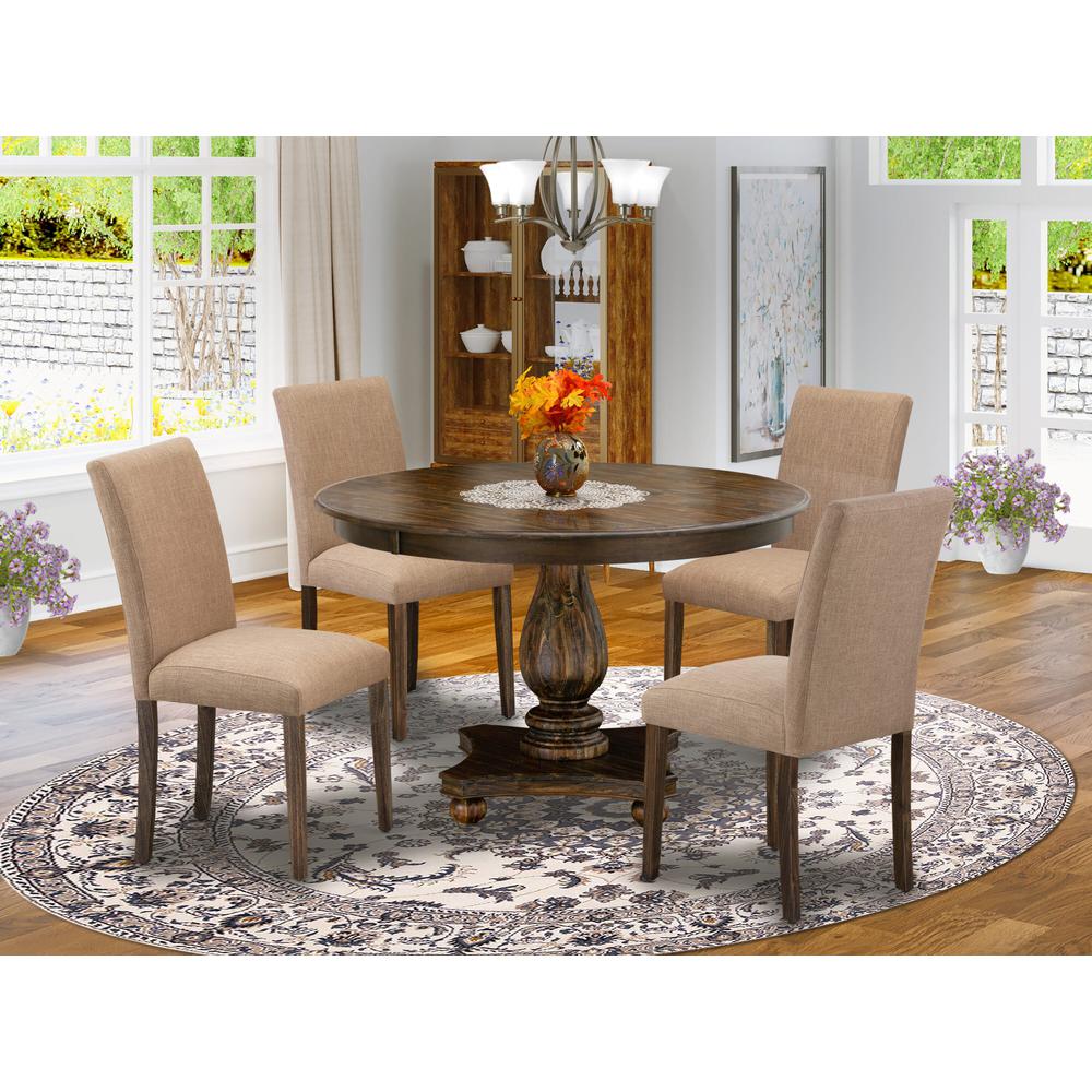 East West Furniture 5 Piece Kitchen Dining Table Set Includes a Dining Table and 4 Light Sable Linen Fabric Dining Chairs with High Back - Distressed Jacobean Finish. Picture 2