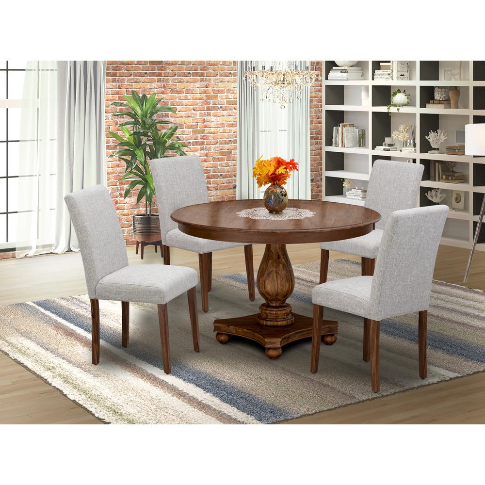 East West Furniture 5-Piece Dinette Set - Pedestal Dinner Table and 4 Doeskin Color Parson Wooden Chairs with High Back - Antique Walnut Finish. Picture 2