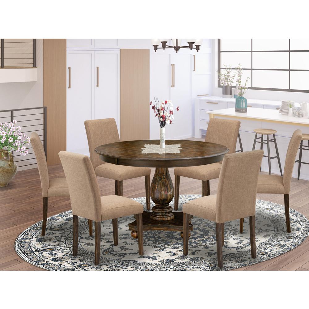 East West Furniture 7 Piece Dining Room Set Contains a Modern Dining Table and 6 Light Sable Linen Fabric Dining Chairs with High Back - Distressed Jacobean Finish. Picture 2