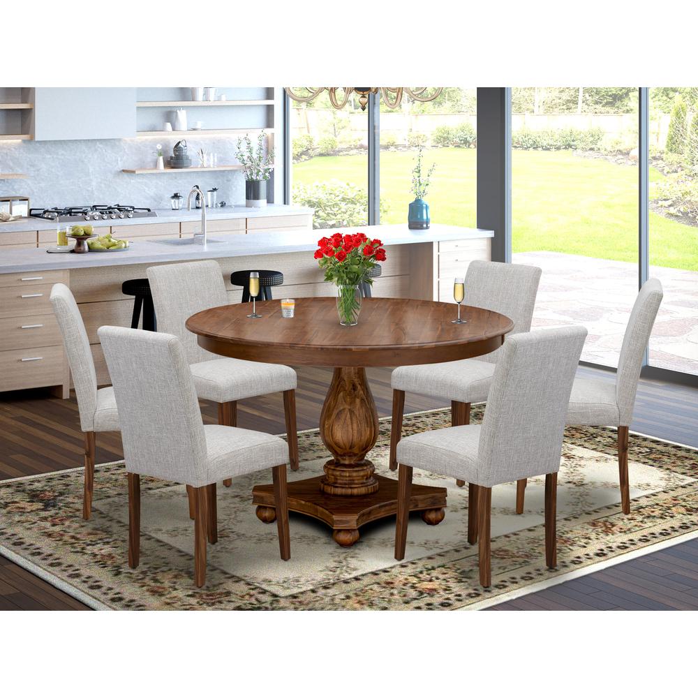 East West Furniture 7-Piece Dinette Set - Kitchen Pedestal Table and 6 Doeskin Color Parson Wood Chairs with High Back - Antique Walnut Finish. Picture 2