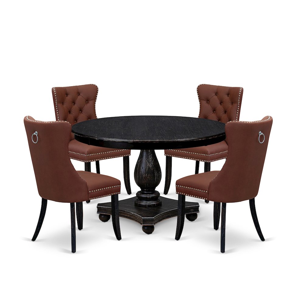 5 Piece Dining Table Set Consists Of 48" Round Table In Burgandy Color. Picture 1
