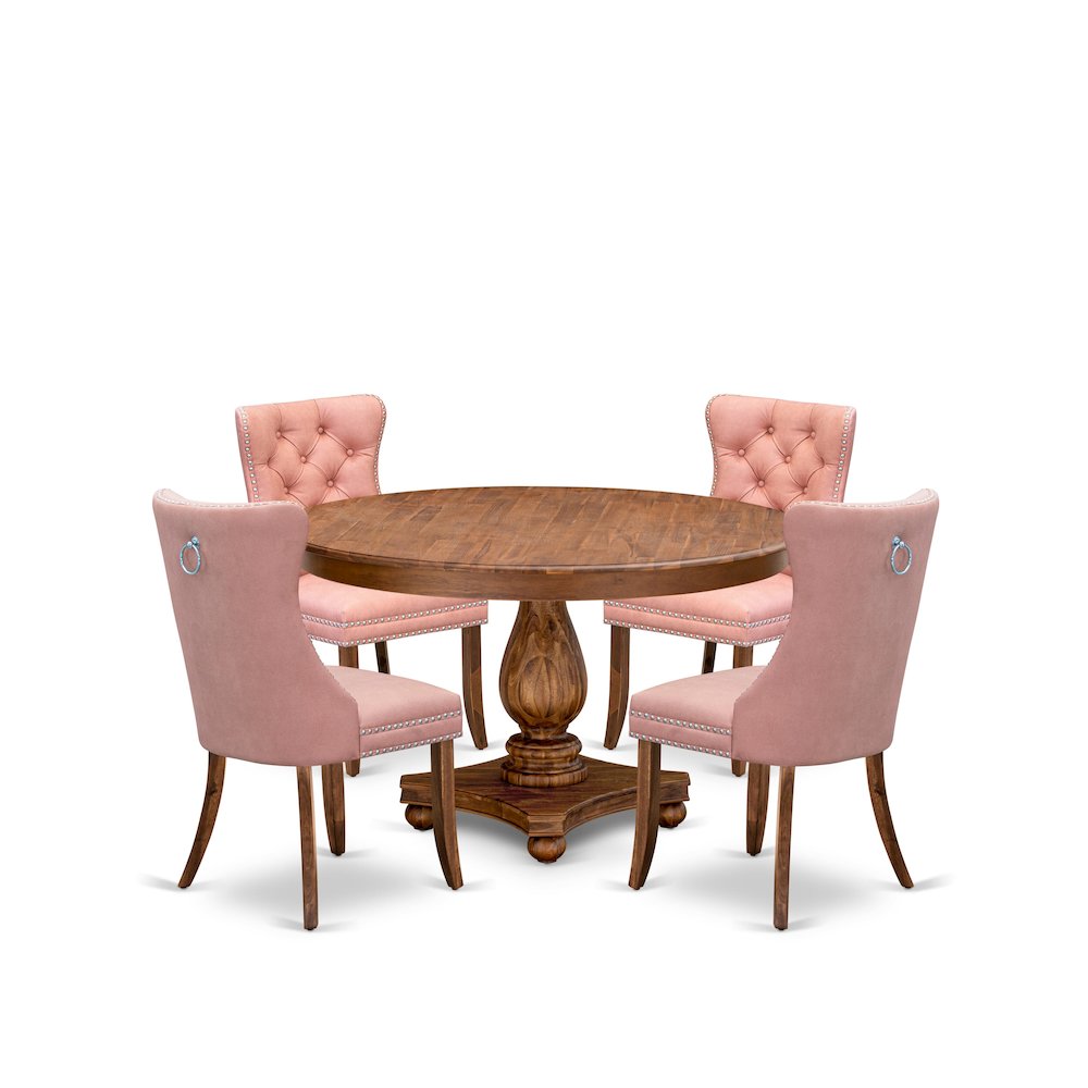 5-Pc Mid Century Dining Set Consist A Kitchen Table, 4 Beige Red Parson Chairs. Picture 1