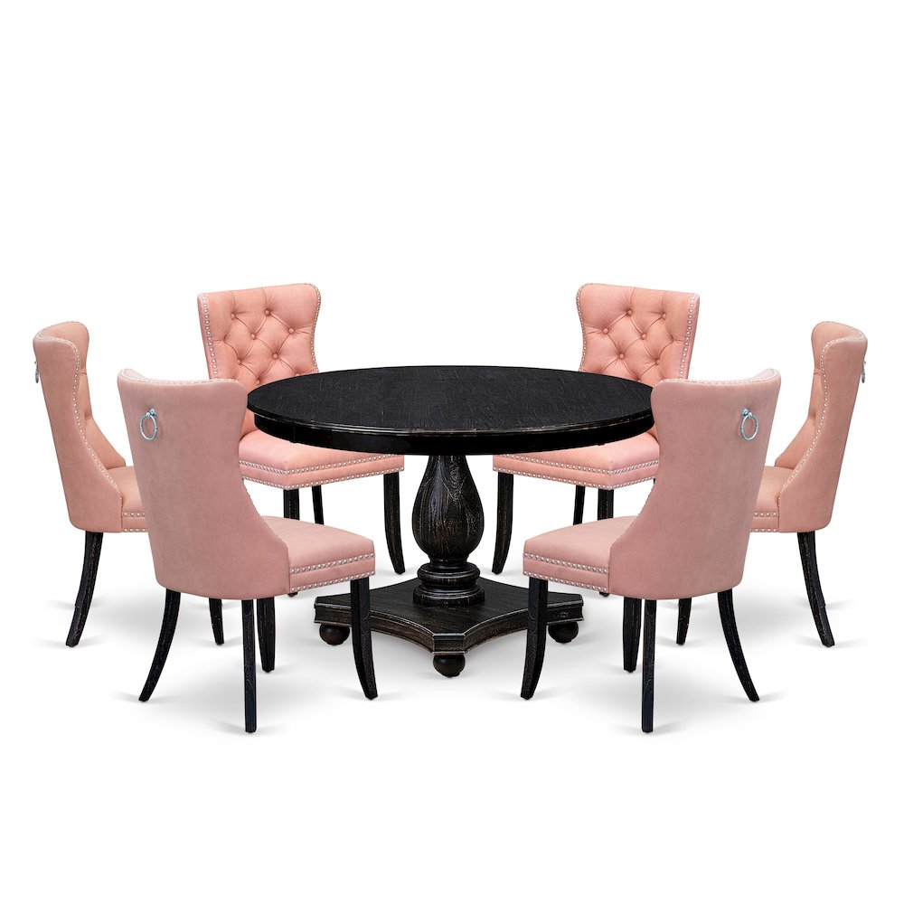7 Piece Dining Set Contains 48" Round Kitchen Table In Beige Red Color. Picture 1