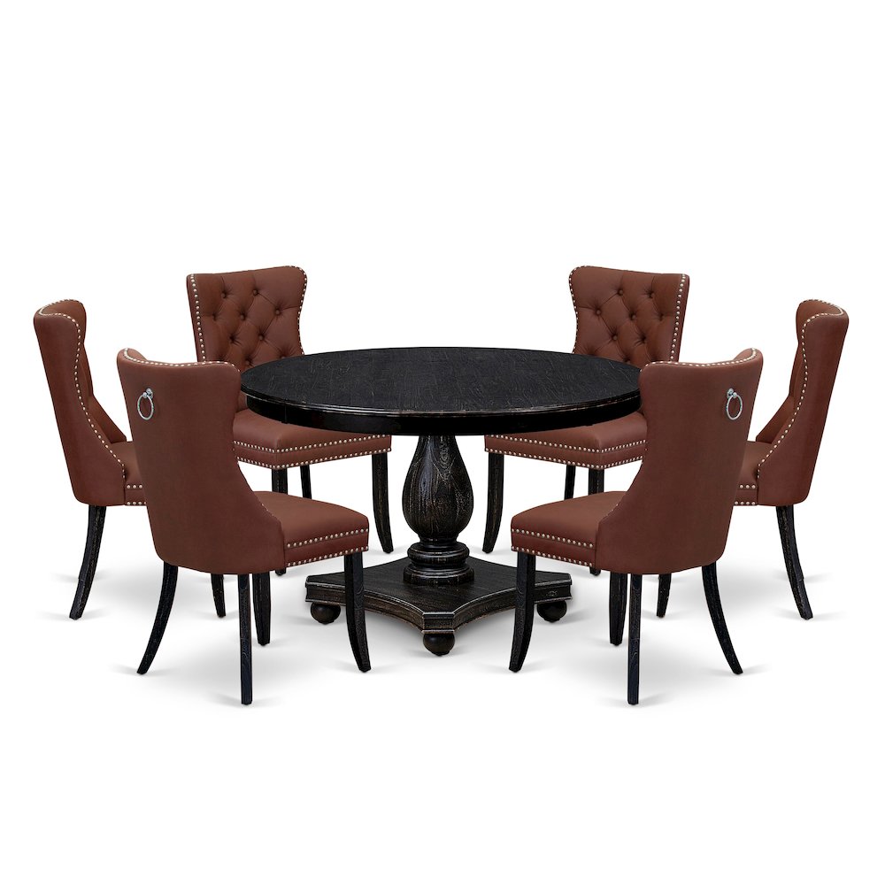 7 Piece Dining Table Set Contains 48" Round Table In Burgandy Color. Picture 1