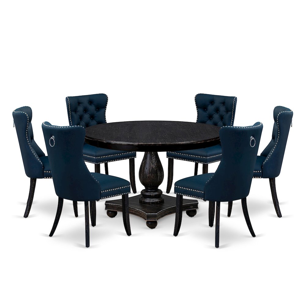 7 Piece Dining Table Set Consists Of 48" Round Table In Navy Blue Color. Picture 1