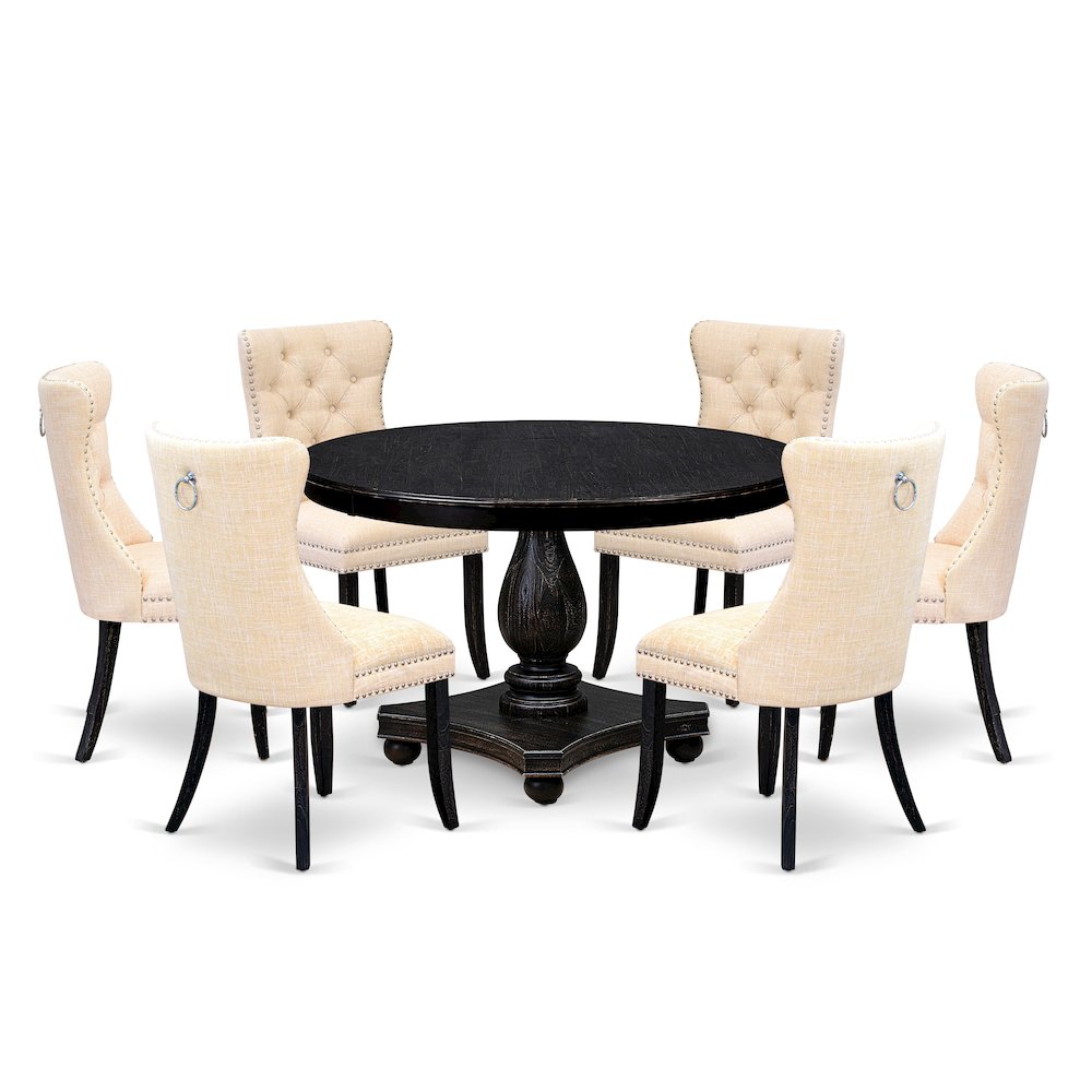 7-Piece Dining A Wooden Table And 6 Light Beige Linen Fabric Dinning Chairs. Picture 1