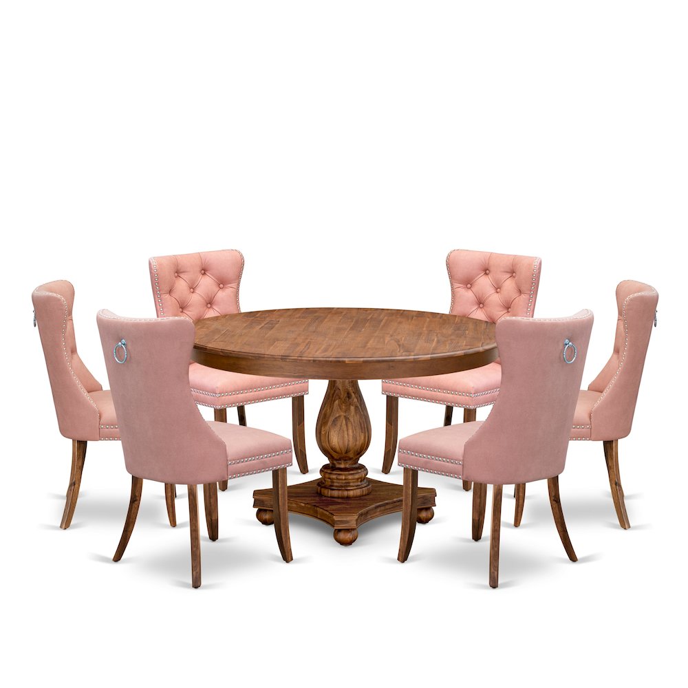 7-Pc Dinner Set Contain A Mid Century Table And 6 Beige Red Upholstered Chairs. Picture 1