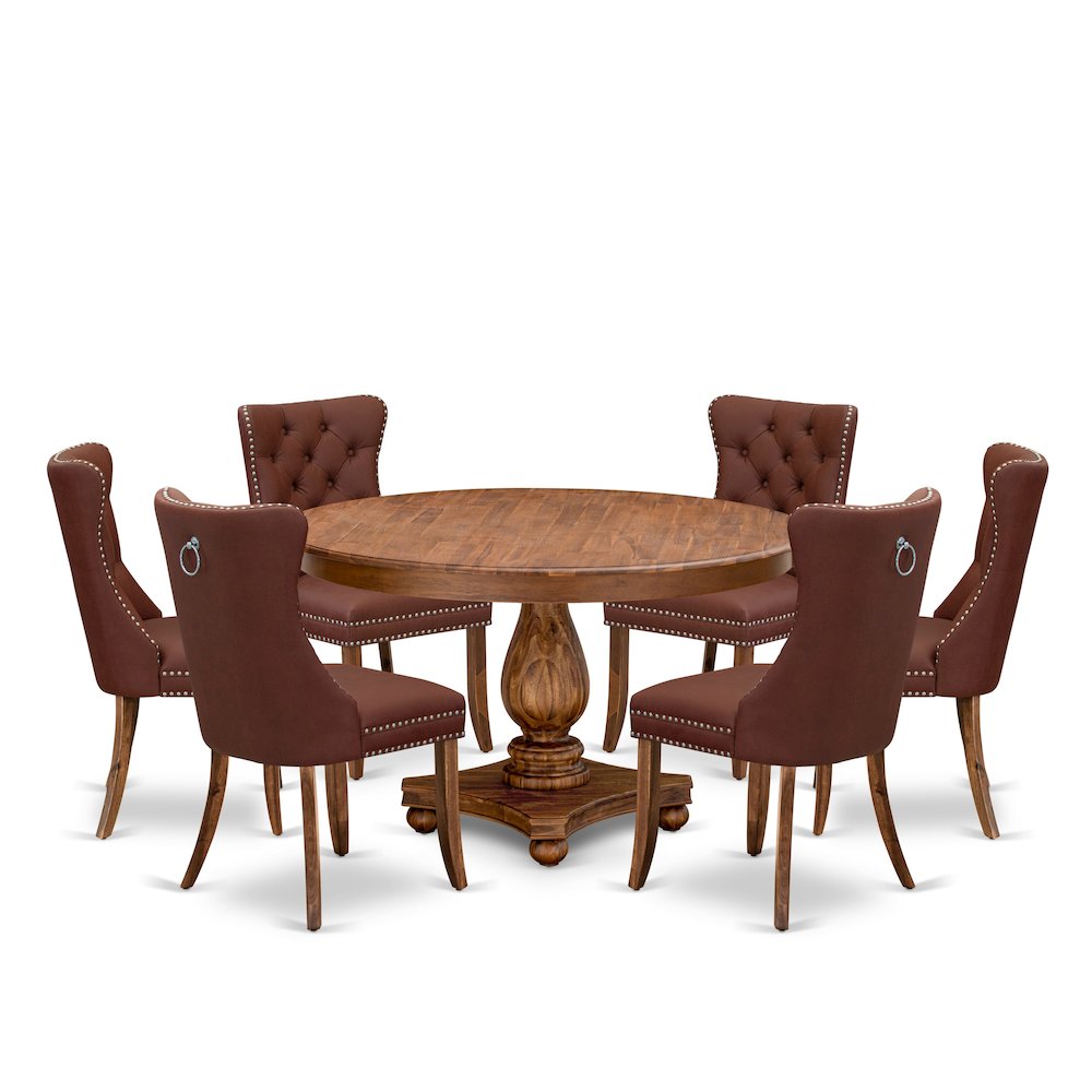 7-Pc Dining Set Contain A Mid Century Modern Table And 6 Burgundy Padded Chairs. Picture 1