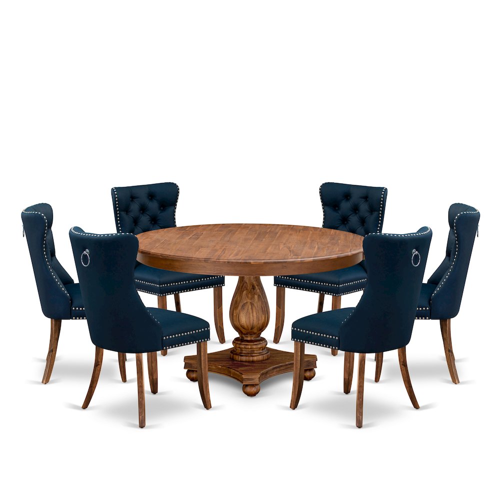 7-Pc Kitchen Dining Table Set Contain A Mid Century Table And 6 Navy Blue Chairs. Picture 1