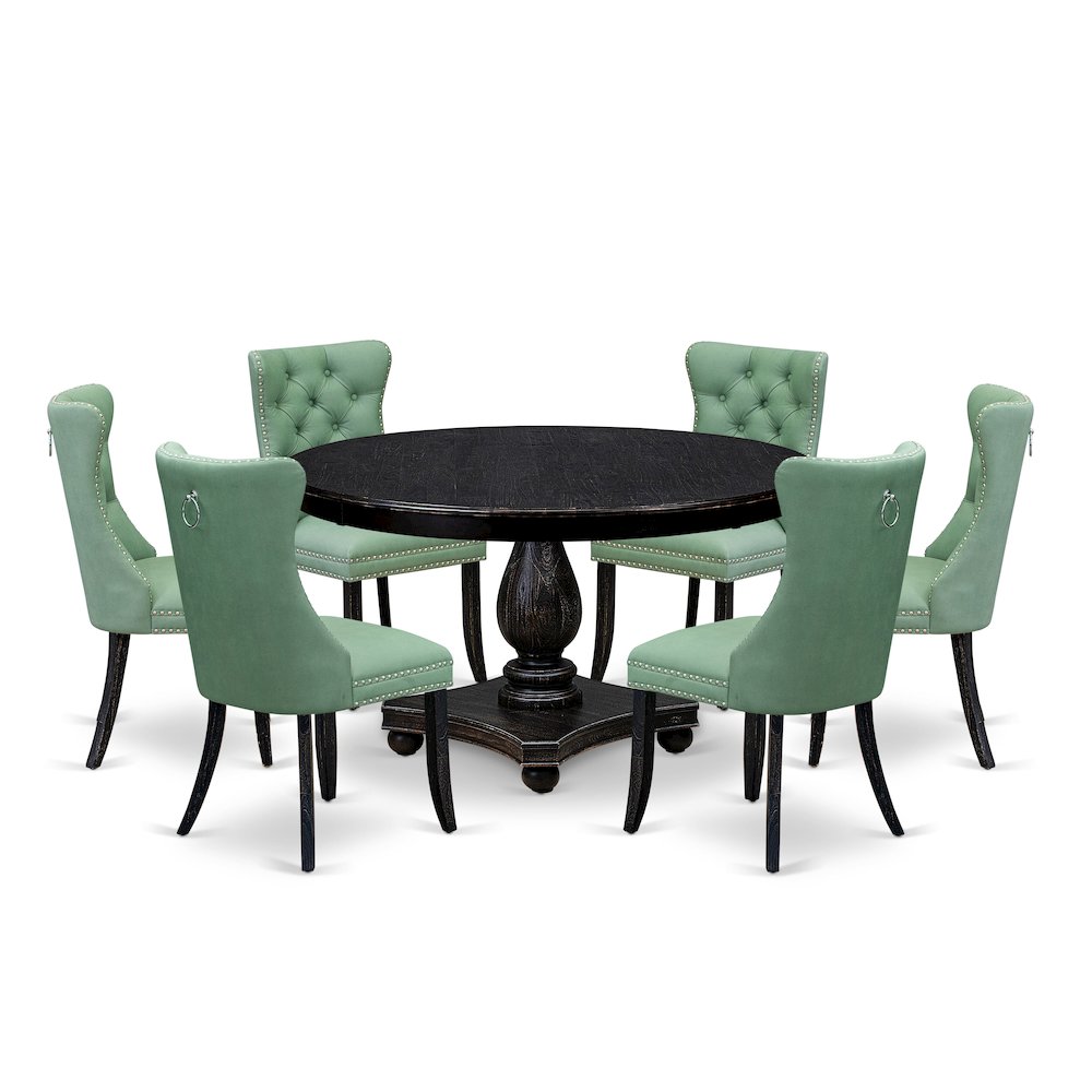 7 Piece Dinette Set Contains 54" Round Table In Willow Green Color. Picture 1
