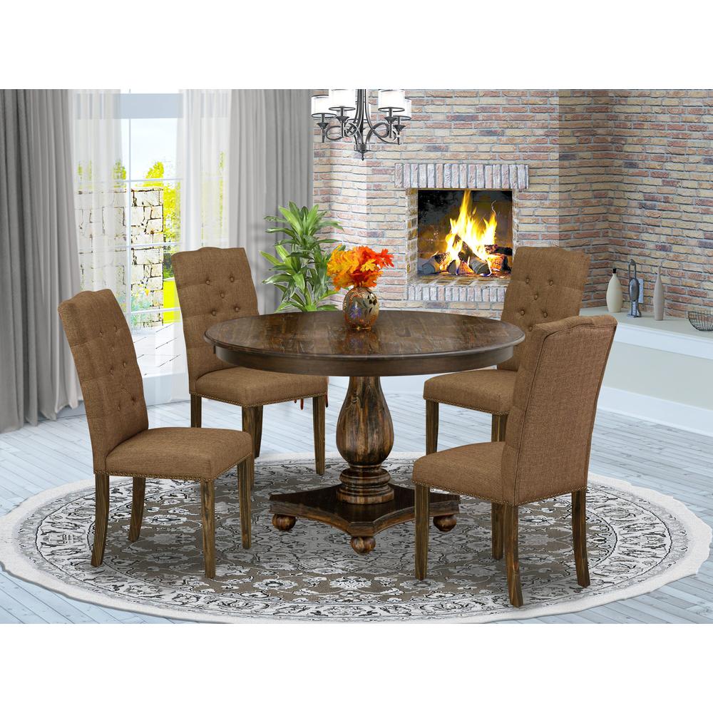 East West Furniture 5 Piece Table Set Consists of a Dining Room Table and 4 Brown Linen Fabric Mid Century Chairs with Button Tufted Back - Distressed Jacobean Finish. Picture 2