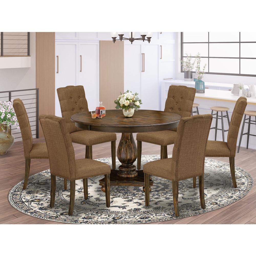 East West Furniture 7 Piece Modern Dining Table Set Consists of a Wooden Table and 6 Brown Linen Fabric Parson Chairs with Button Tufted Back - Distressed Jacobean Finish. Picture 2