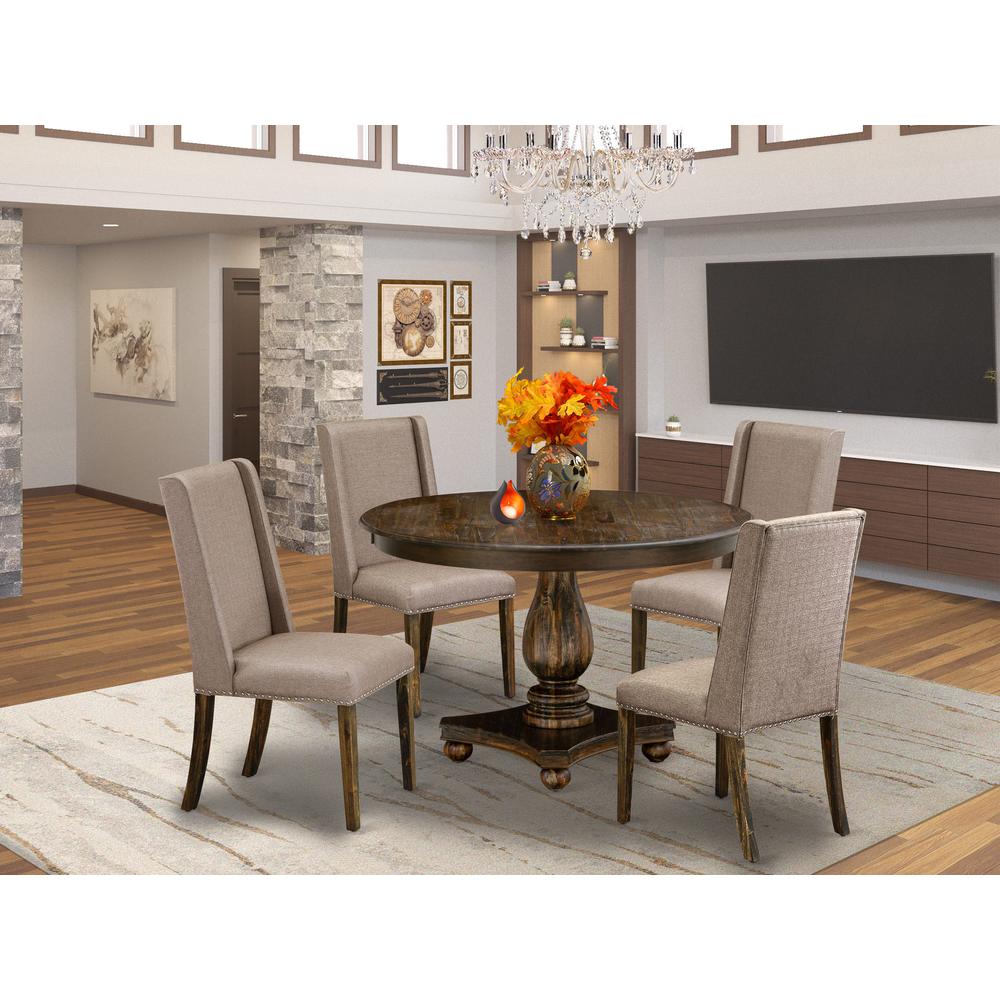East West Furniture 5 Piece Dining Room Table Set Includes a Modern Dining Table and 4 Dark Khaki Linen Fabric Parson Chairs with High Back - Distressed Jacobean Finish. Picture 2