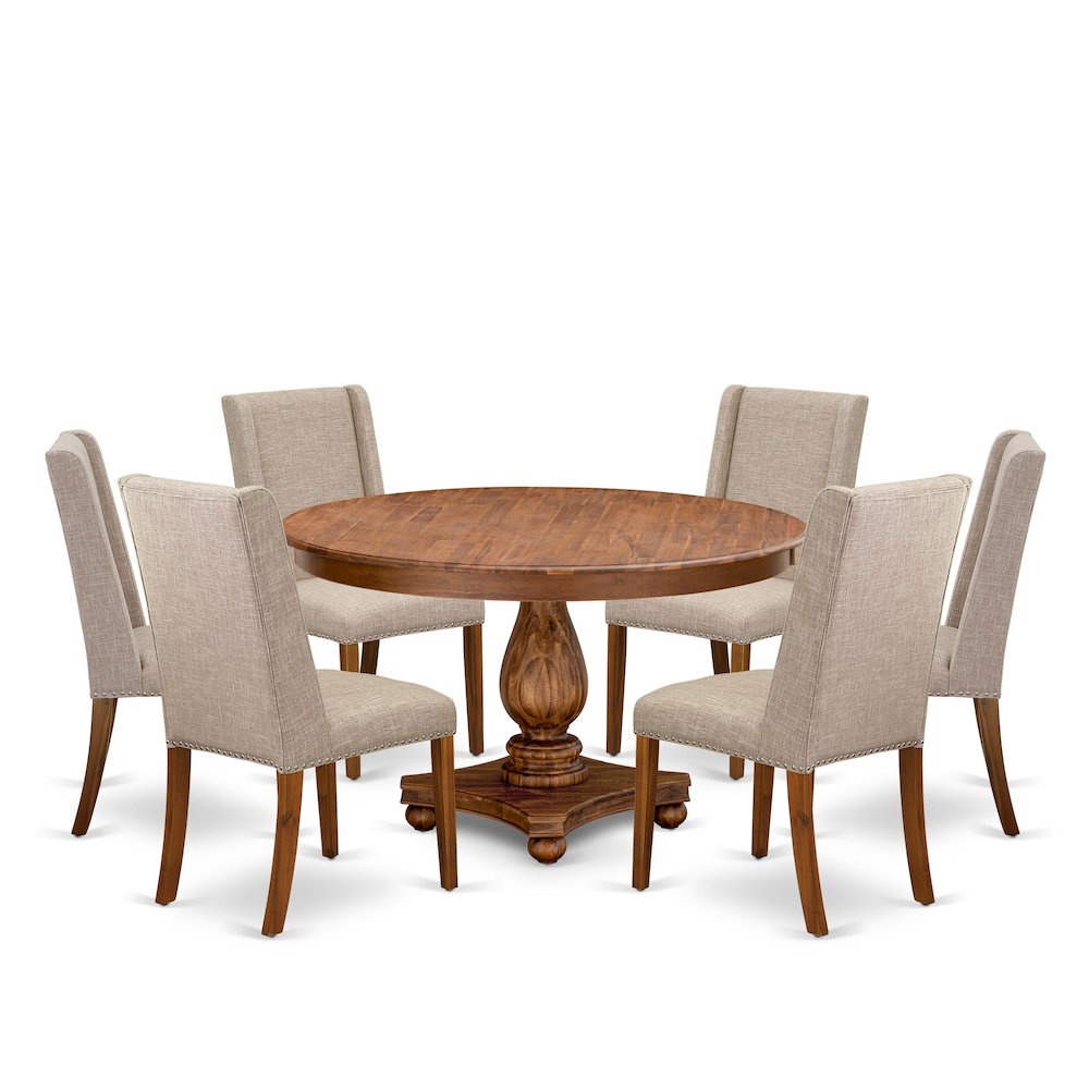 7-Piece Dining Table Set A Wooden Dining Table, 6 Light Tan Fabric Parsons Chair. Picture 1