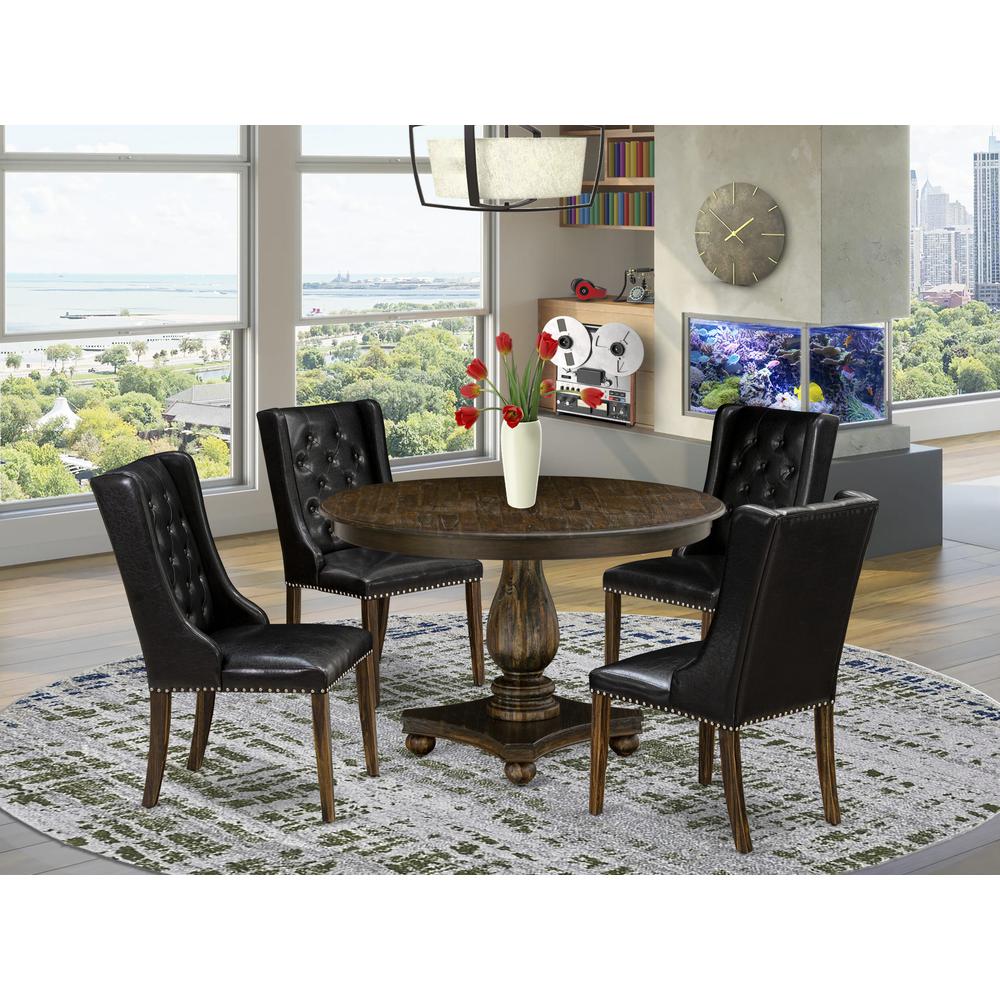 East West Furniture 5 Piece Dining Room Table Set Includes a Modern Dining Table and 4 Black PU Leather Kitchen Chairs with Button Tufted Back - Distressed Jacobean Finish. Picture 2