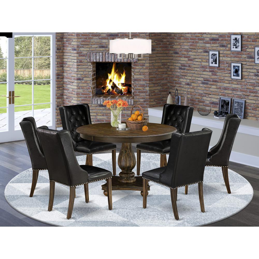 East West Furniture 7 Piece Kitchen Table Set Consists of a Modern Kitchen Table and 6 Black PU Leather Mid Century Chairs with Button Tufted Back - Distressed Jacobean Finish. Picture 2