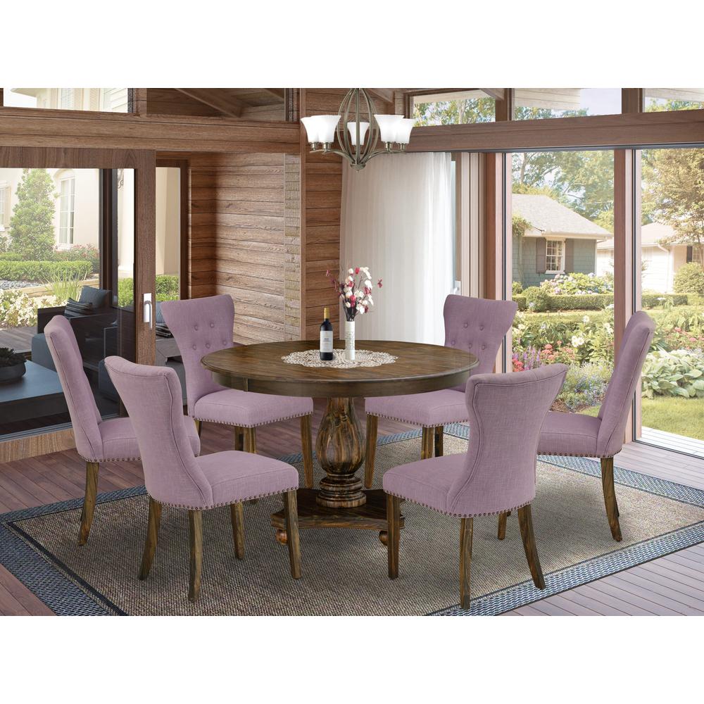 East West Furniture 7 Piece Dining Table Set Consists of a Wood Dining Table and 6 Dahlia Linen Fabric Mid Century Dining Chairs with Button Tufted Back - Distressed Jacobean Finish. Picture 2