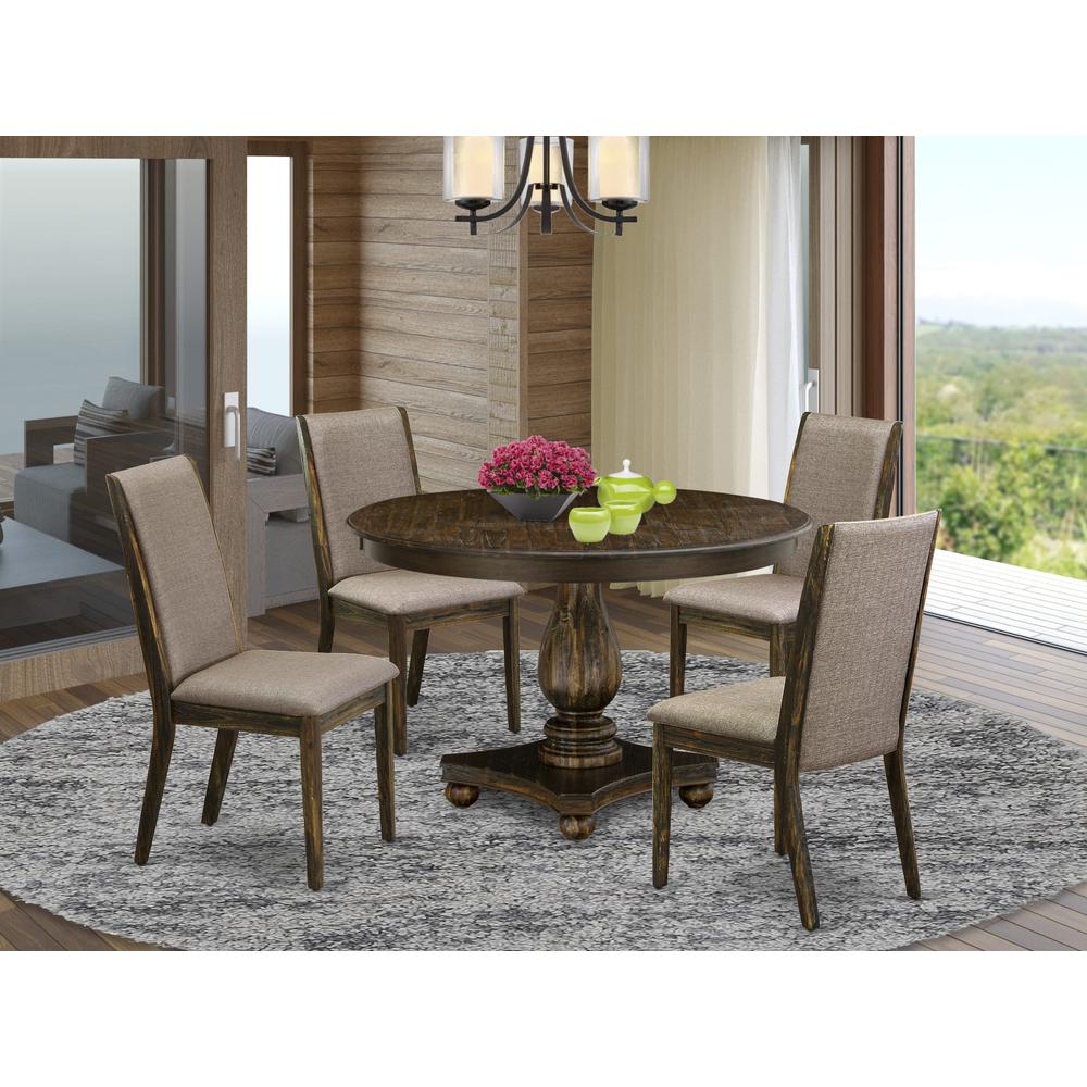 East West Furniture 5 Piece Dining Room Set Includes a Modern Dining Table and 4 Dark Khaki Linen Fabric Mid Century Dining Chairs with High Back - Distressed Jacobean Finish. Picture 2