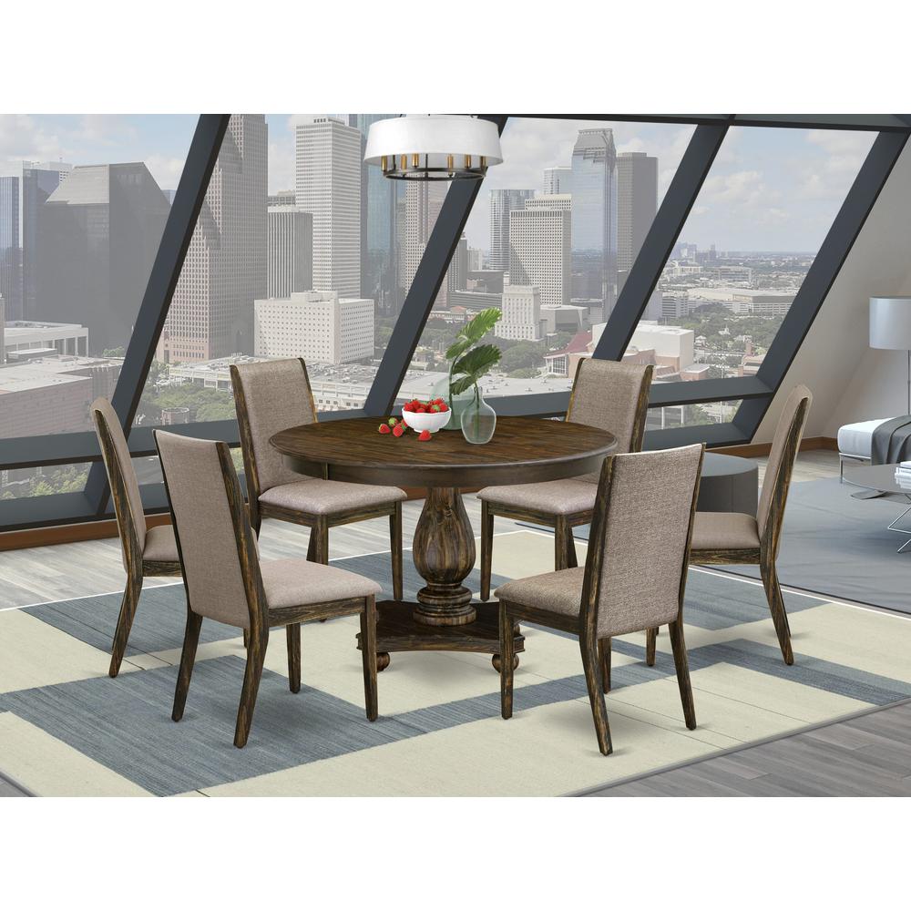 East West Furniture 7 Piece Dining Set Contains a Mid Century Modern Dining Table and 6 Dark Khaki Linen Fabric Dining Room Chairs with High Back - Distressed Jacobean Finish. Picture 2
