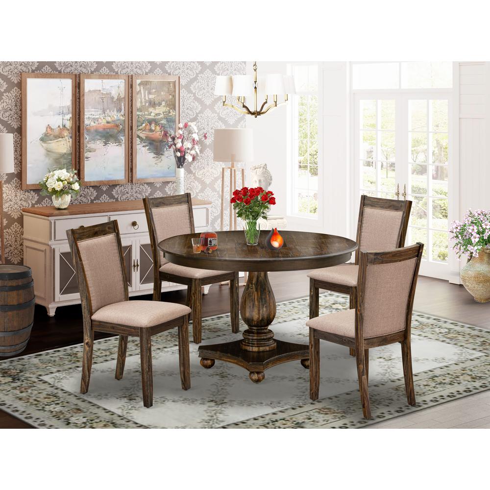 East West Furniture 5 Piece Dinner Table Set Includes a Kitchen Table and 4 Dark Khaki Linen Fabric Upholstered Dining Chairs with High Back - Distressed Jacobean Finish. Picture 2