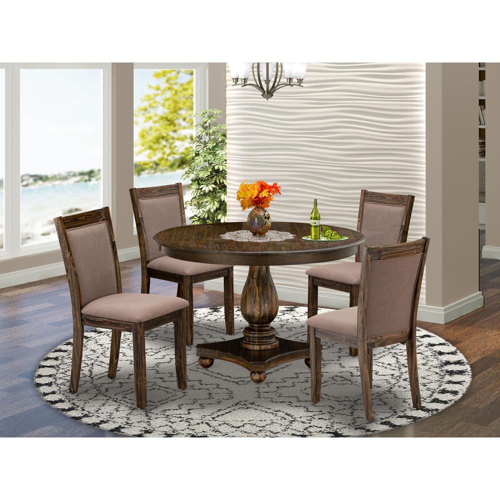 East West Furniture 5-Pc Dining Set - Pedestal Dinette Table and 4 Coffee Color Parson Chairs with High Back - Distressed Jacobean Finish. Picture 2