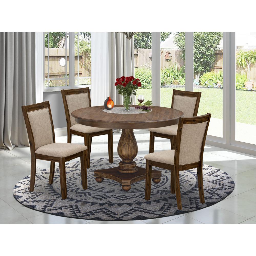 F2MZ5-N04 5-Pc Kitchen Dining Table Set - Pedestal Table and 4 Light Tan Parson Chairs with High Back - Antique Walnut Finish. Picture 8