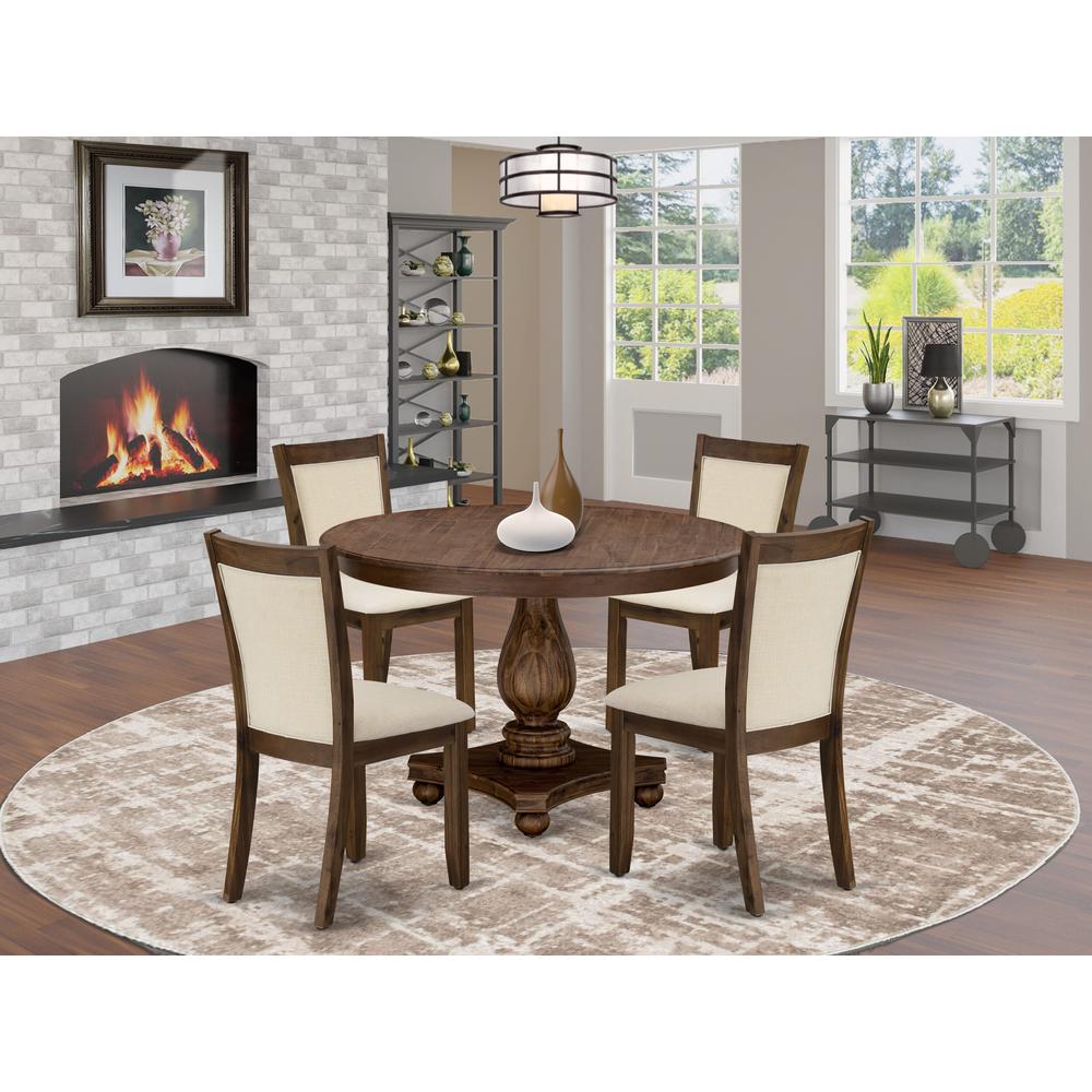 East West Furniture 5-Pcs Dining Room Table Set - A Wood Dining Table and 4 Light Beige Linen Fabric Dining Room Chairs with Stylish High Back (Sand Blasting Antique Walnut Finish). Picture 2