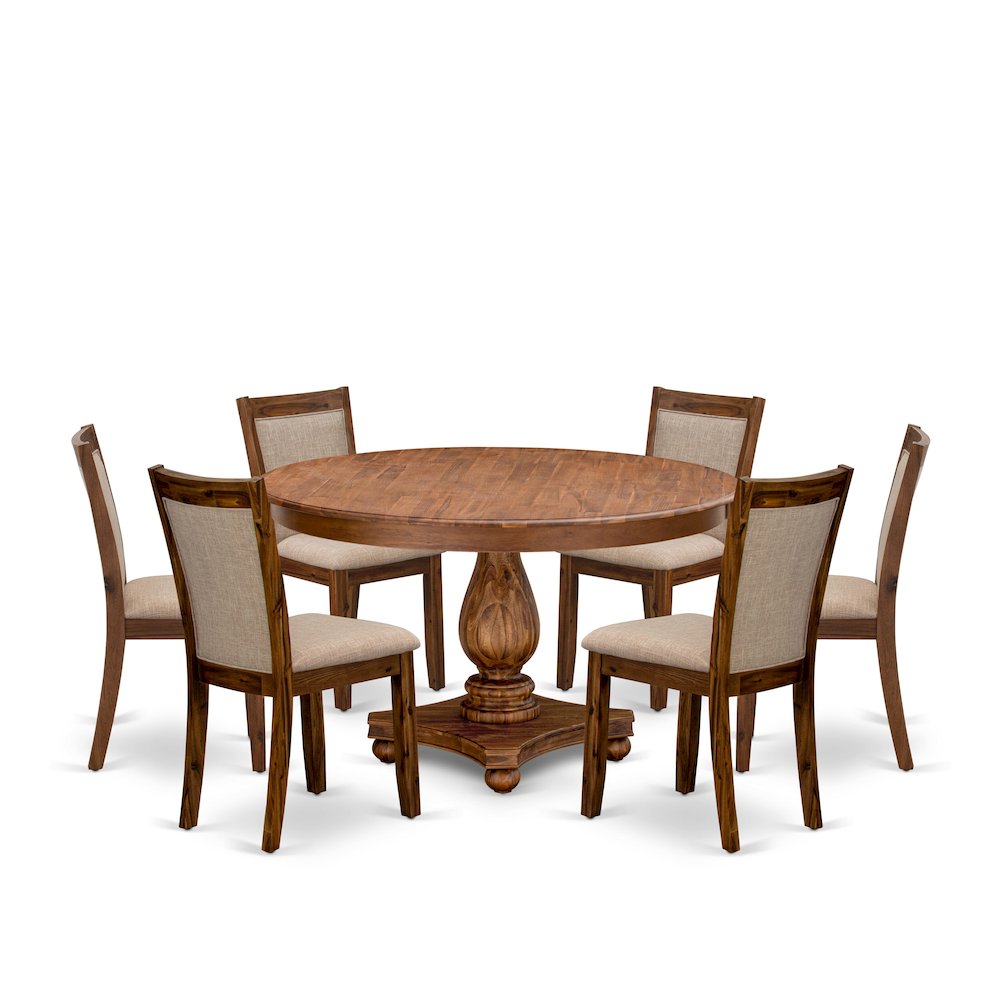 7-Pc Wooden Dining Set A Pedestal Table, 6 Light Tan Linen Fabric Parson Chairs. Picture 1