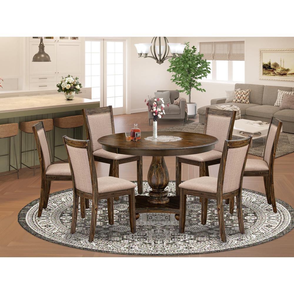 East West Furniture 7 Piece Dinner Table Set Includes a Dining Table and 6 Dark Khaki Linen Fabric Dining Chairs with High Back - Distressed Jacobean Finish. Picture 2