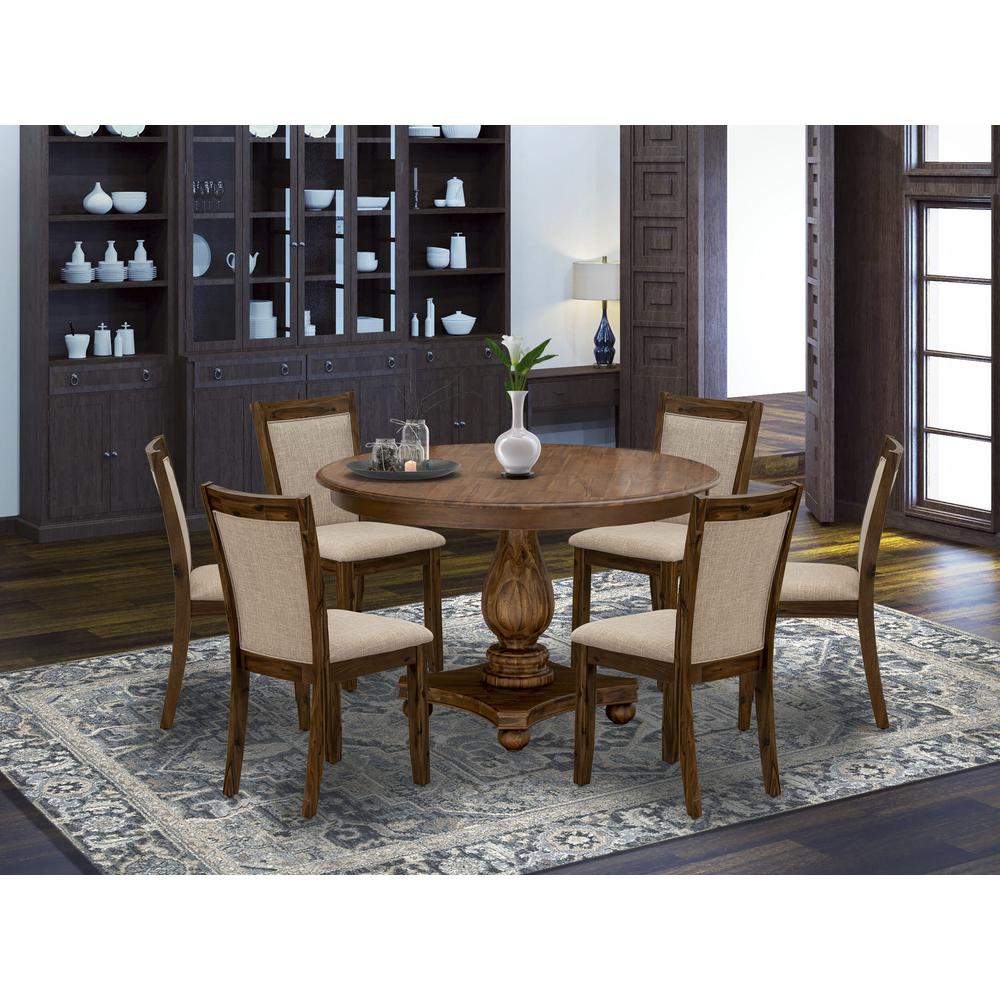 F2MZ7-N04 7-Pc Modern Dining Set - Wooden Pedestal Table and 6 Light Tan Parson Chairs with High Back - Antique Walnut Finish. Picture 8