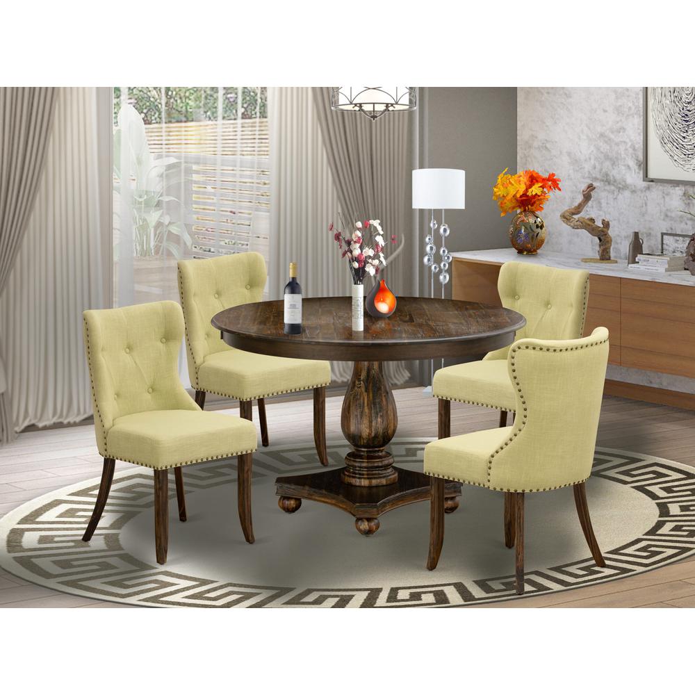 East West Furniture 5-Piece Kitchen Table Set - Pedestal Dining Table and 4 Limelight Color Parson Dining Room Chairs with Button Tufted Back - Distressed Jacobean Finish. Picture 2
