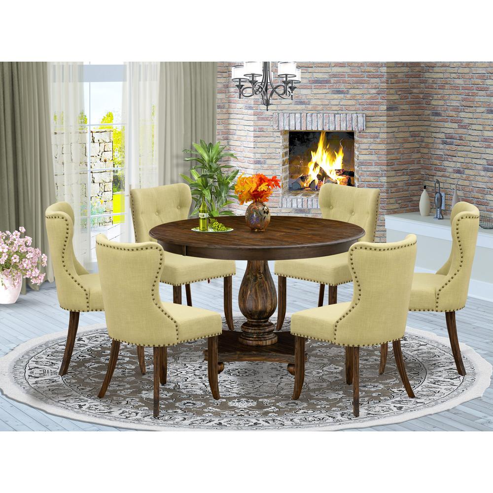 East West Furniture 7-Piece Pedestal Dinette Set - Round Dining Room Table and 6 Limelight Color Parson Wood Dining Chairs with Button Tufted Back - Distressed Jacobean Finish. Picture 2