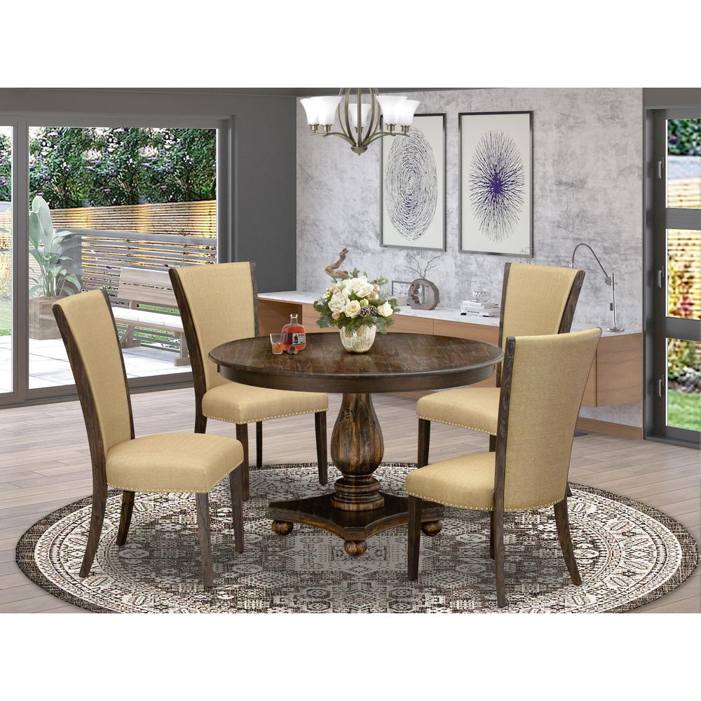 East West Furniture 5-Piece Modern Dining Set - Pedestal Dining Table and 4 Brown Color Parson Dining Chairs with High Back - Distressed Jacobean Finish. Picture 2
