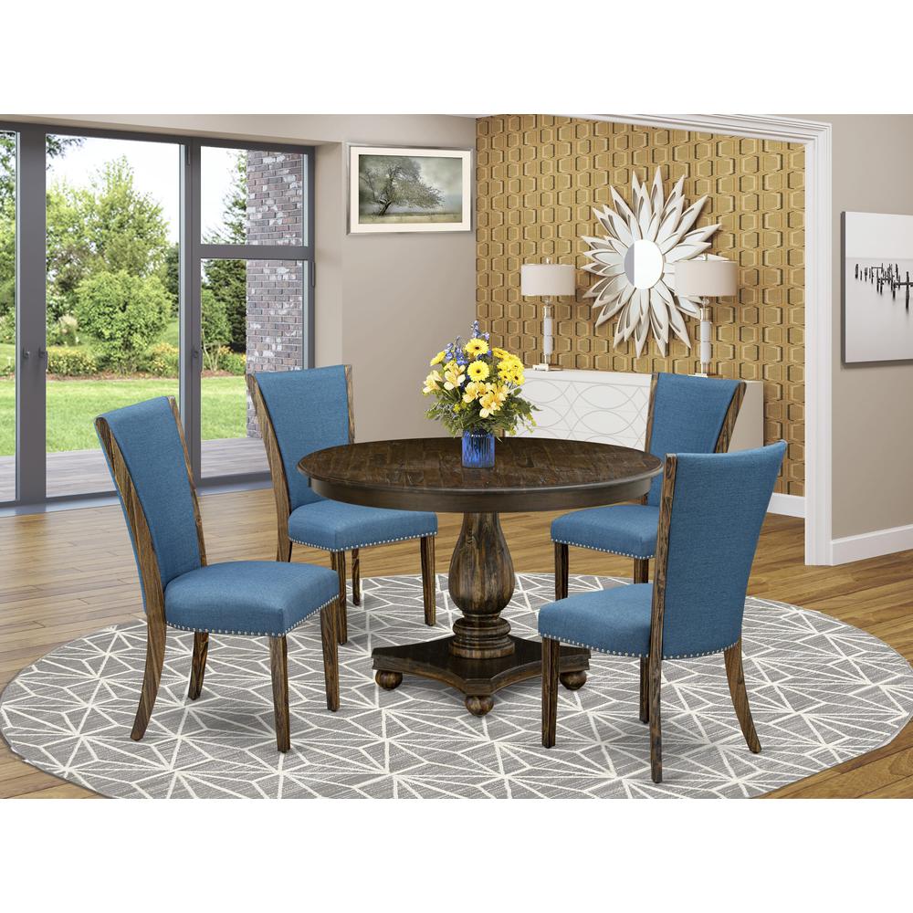East West Furniture 5-Piece Modern Dining Set - Pedestal Dinning Table and 4 Blue Color Parson Dining Room Chairs with High Back - Distressed Jacobean Finish. Picture 2